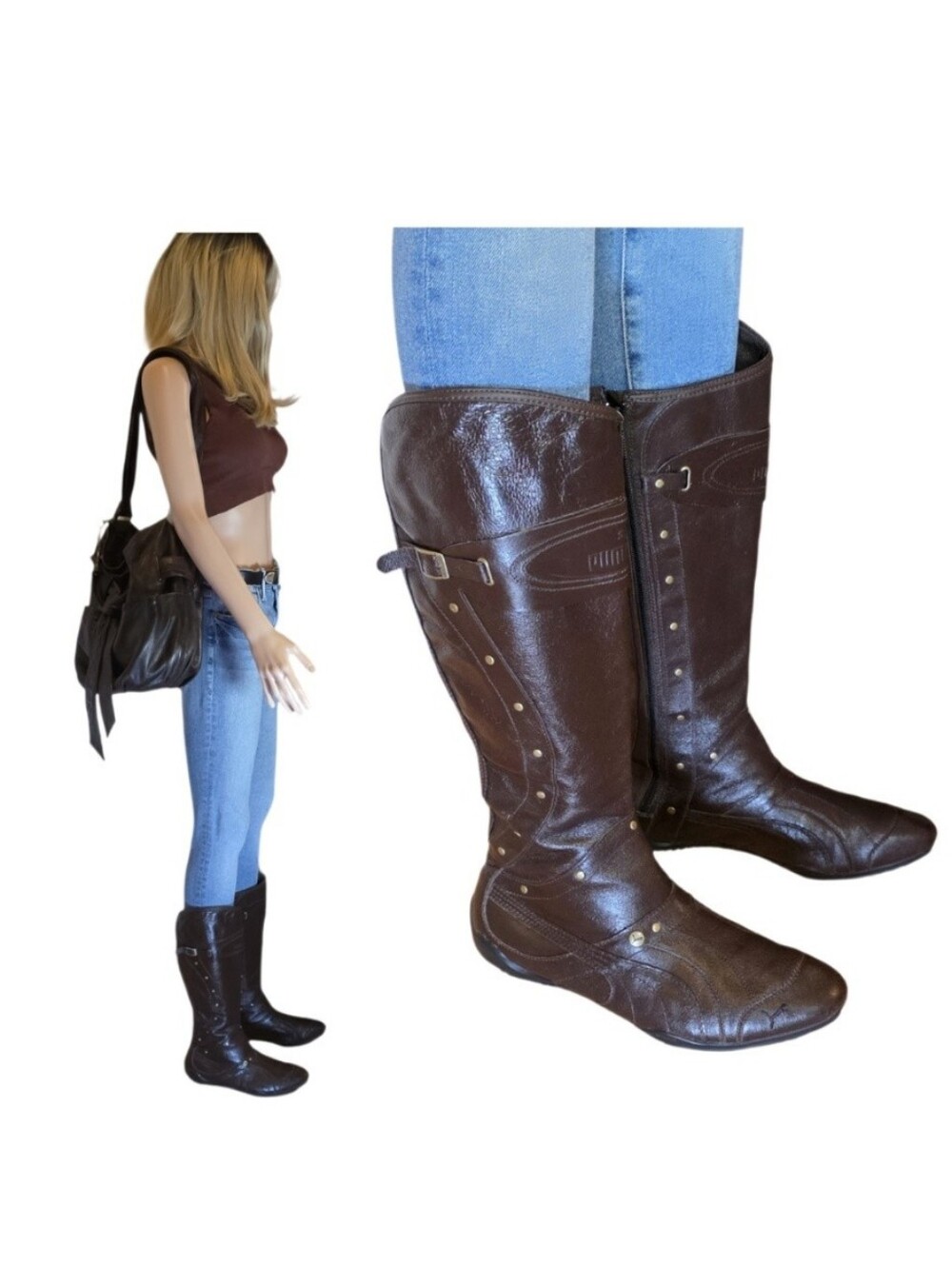 PUMA Berlin Brown Leather Knee High Boots Y2K Archive Cyber Biker Gorpcore SZ 8